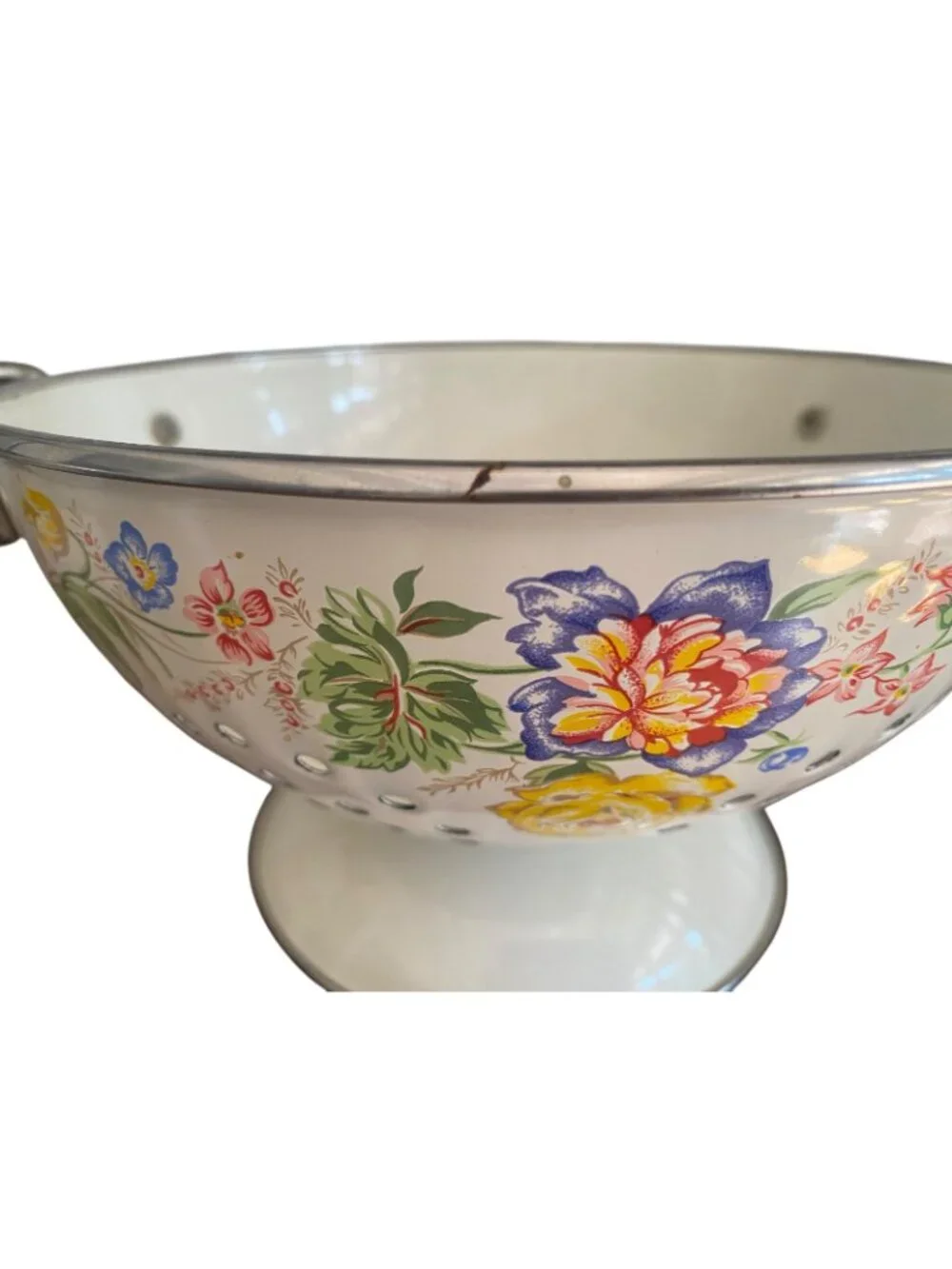 Vintage Kobe Enamelware Floral Colander Footed Enamel Strainer